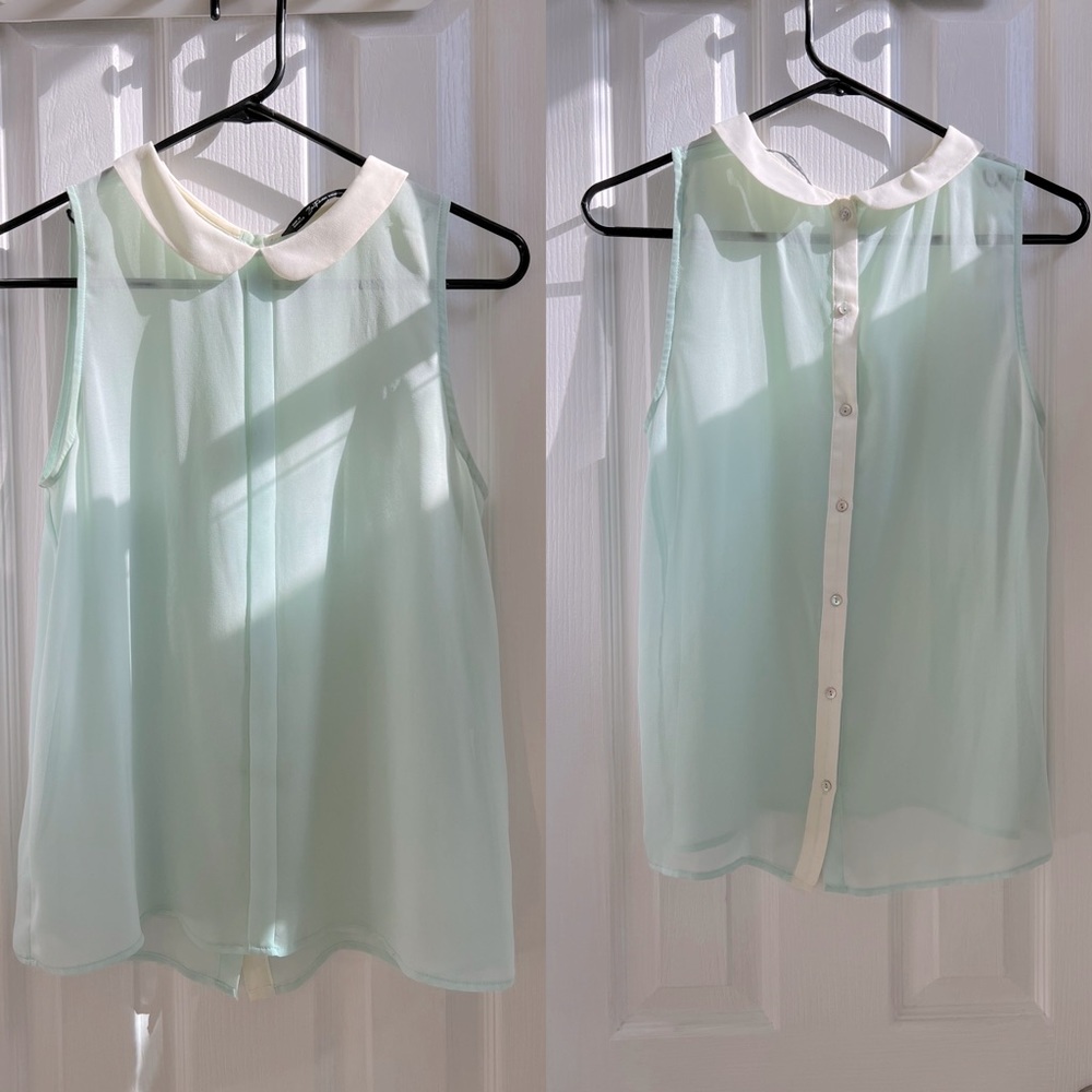Sheer sea foam tank with Peter Pan collar and button back closure